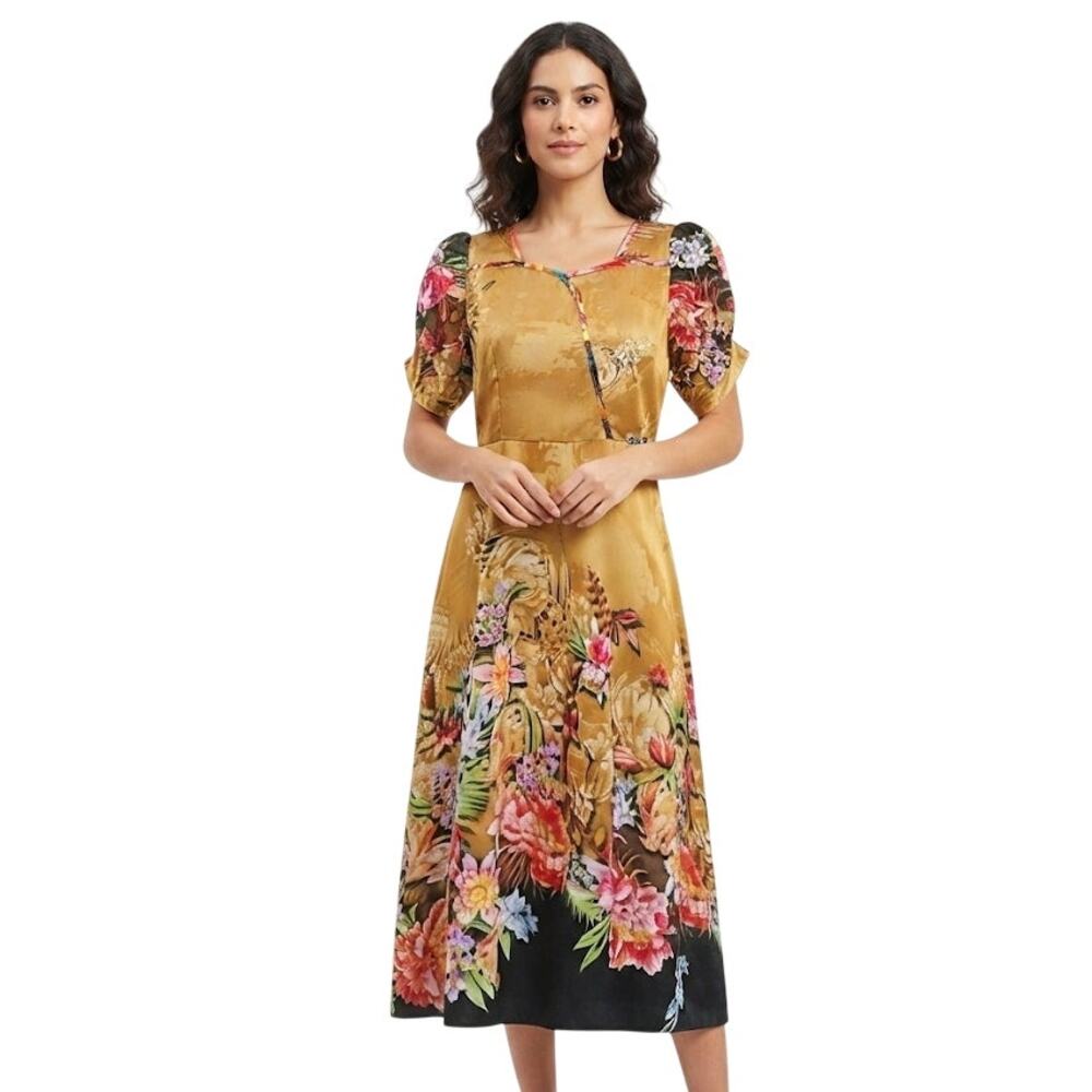 Fashion Romantic Floral Midi Dress Puff Sleeves Semi Formal Wedding Large